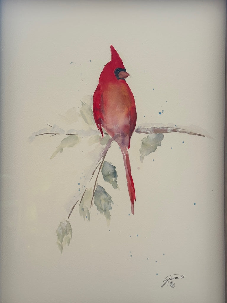 "CARDINAL 11.25" ORIGINAL WATERCOLOR/FRAMED