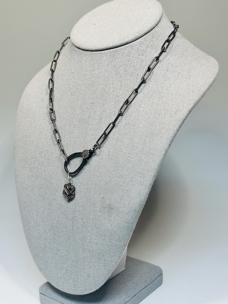 OXIDIZED STERLING SILVER AND DIAMOND LARGE LOBSTER CLASP AND DOULBE HEART STATEMENT NECKLACE LCN2017