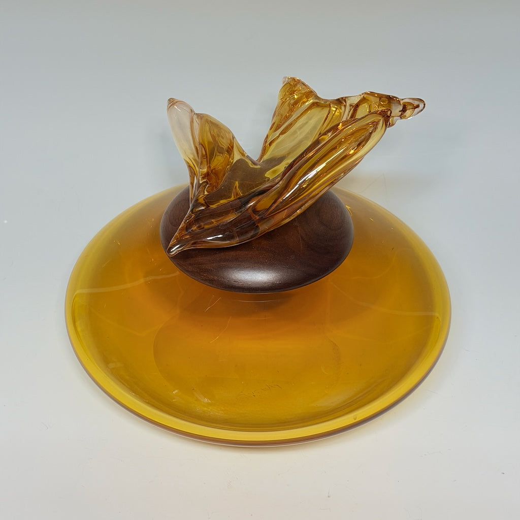 "BIRDS IN FLIGHT" AMBER BLOWN GLASS LIDDED VESSEL