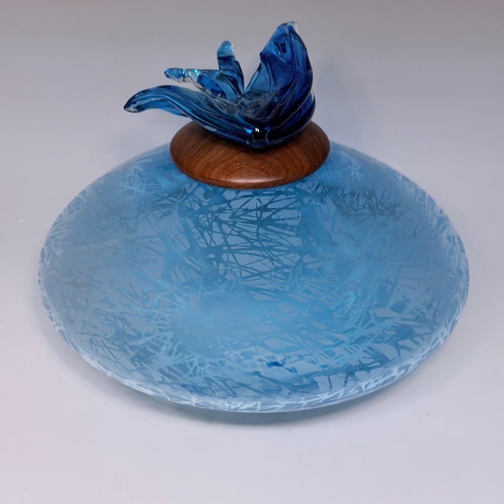 "BIRDS IN FLIGHT" BLUE BLOWN GLASS LIDDED VESSEL