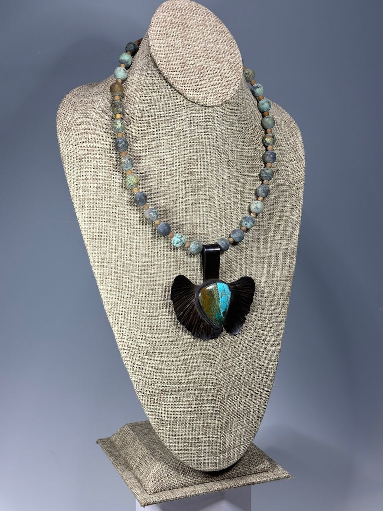 RESILIENCE COPPER GINKGO WITH AZURITE SHATTUCKITE TEAR SHAPED CABOCHON, AFRICAN TURQUOISE AND MATTE WOOD GRAIN JASPER BEAD NECKLACE JH148