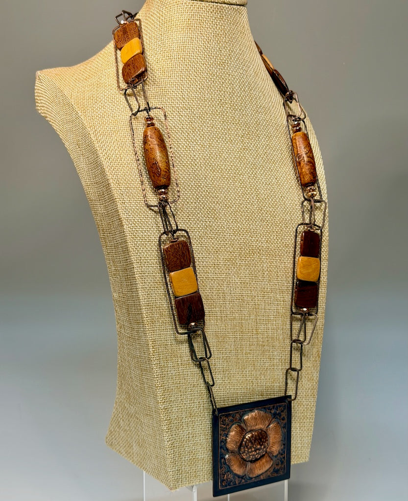 ARTS AND CRAFTS INSPIRED REPOUSSE/CHASING COPPER FLOWER MEDALLION NECKLACE JH155