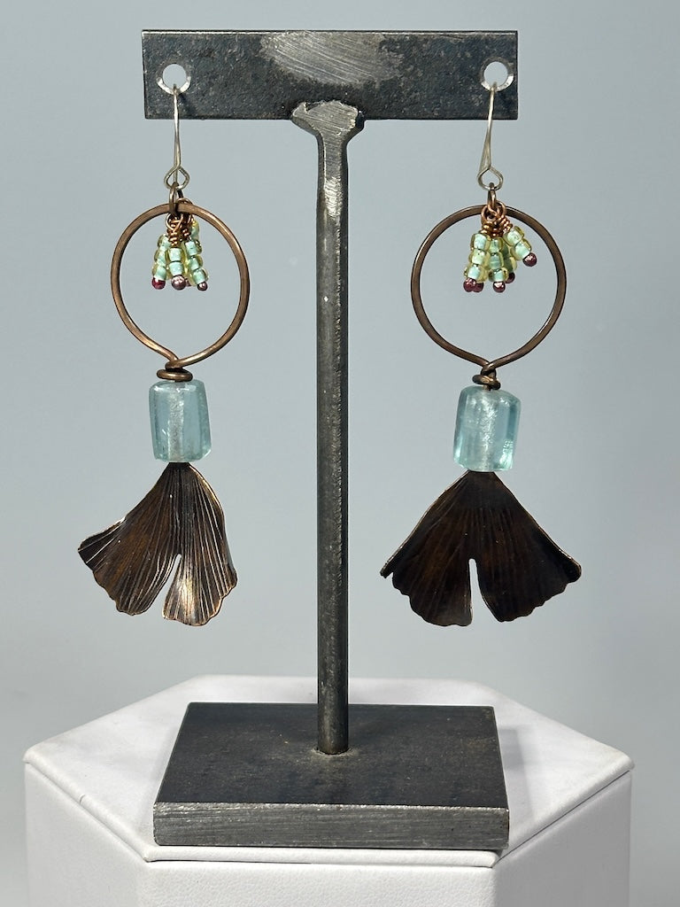 RESILIENCE LARGE COPPER GINKGO LEAF EARRINGS WITH RECTANGLE TURQUOISE BEAD AND TURQUOISE SEED BEADS JH97