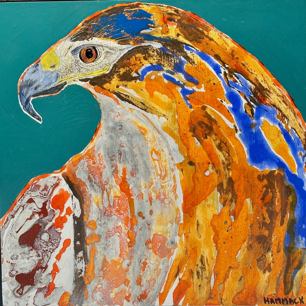"RED TAIL HAWK" ORIGINAL MIXED MEDIA PAINTING ON BOARD/FRAMED