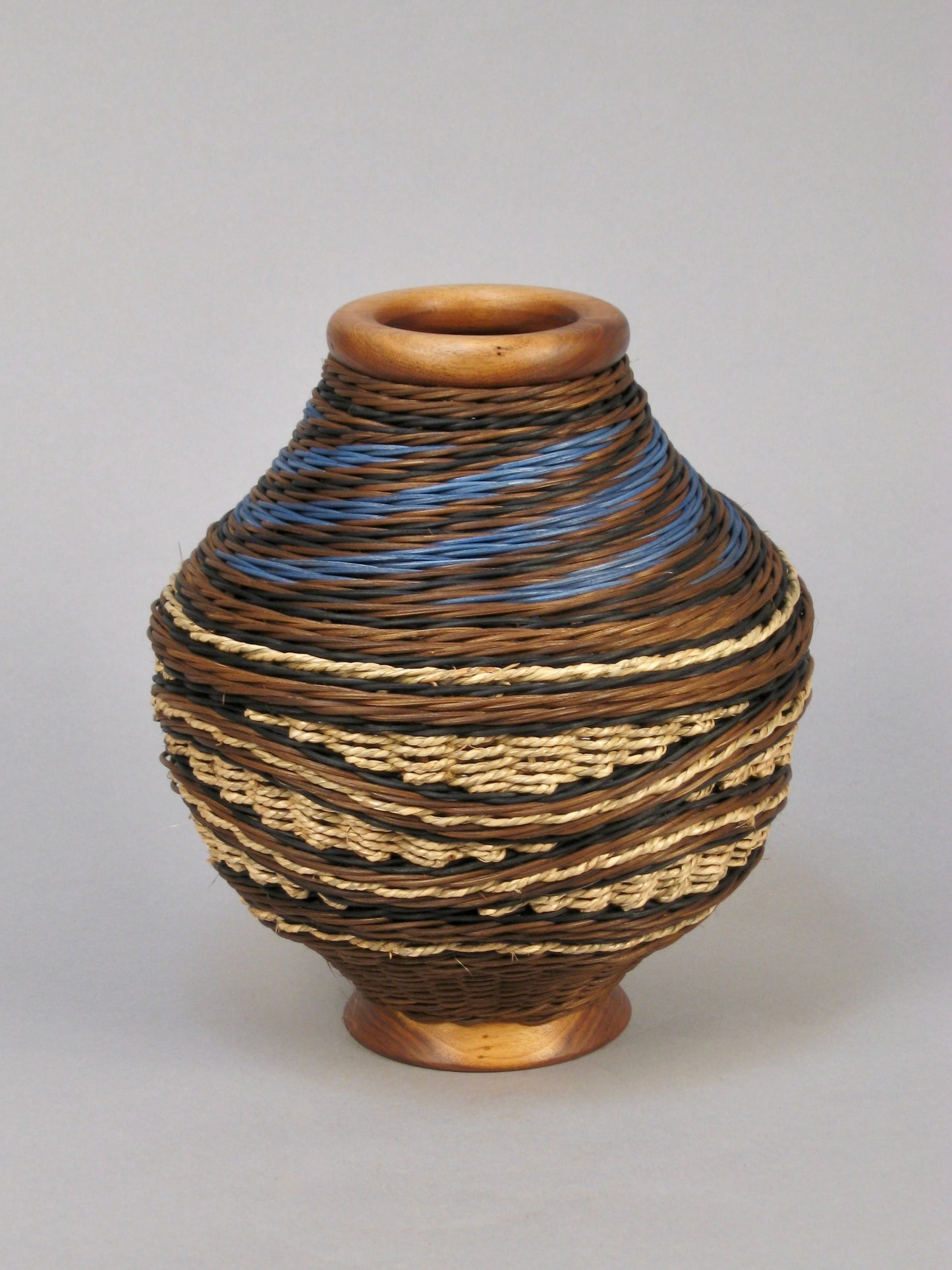 BLUE HAT MIXED MEDIA BASKET WITH WALNUT TOP AND BASE