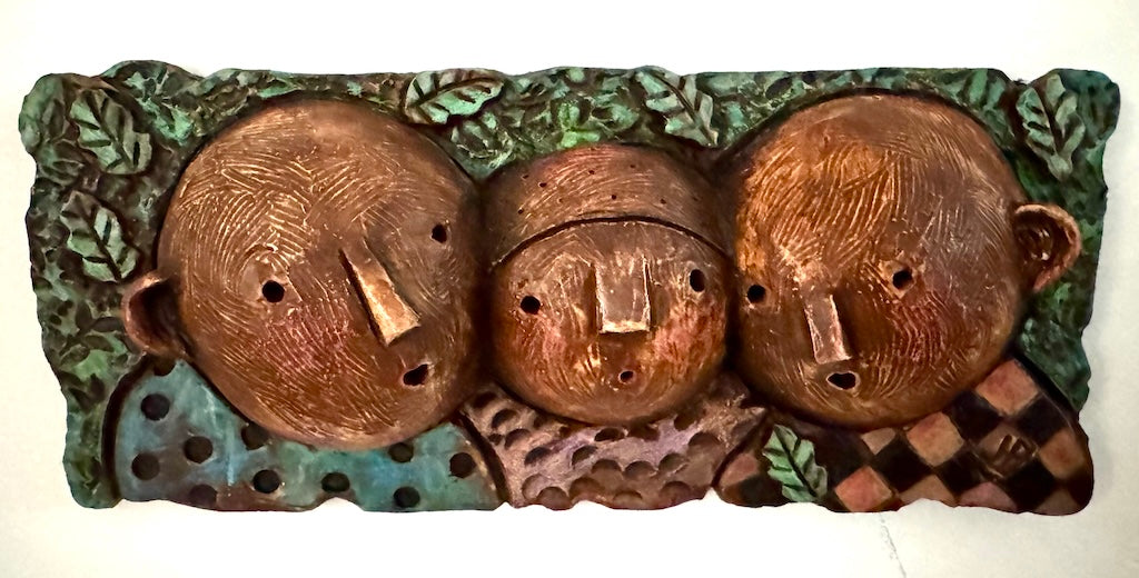 "FAMILY IN FOILAGE" CERAMIC MIXED MEDIA WALL SCULPTURE