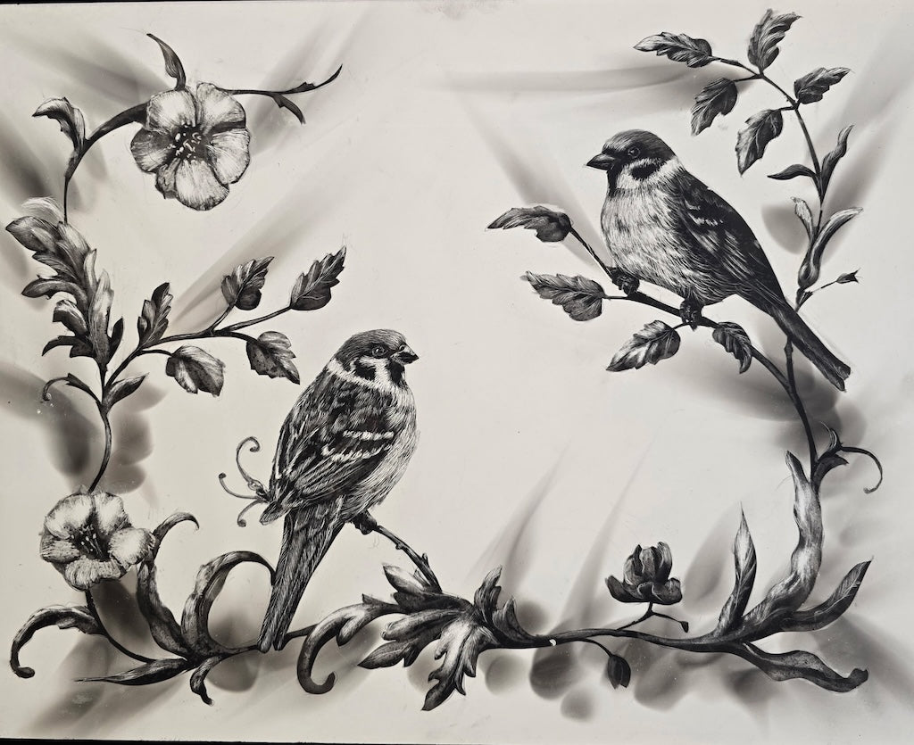 "EURASIAN TREE SPARROWS" Original Fumage Drawing on Clay Board/Framed