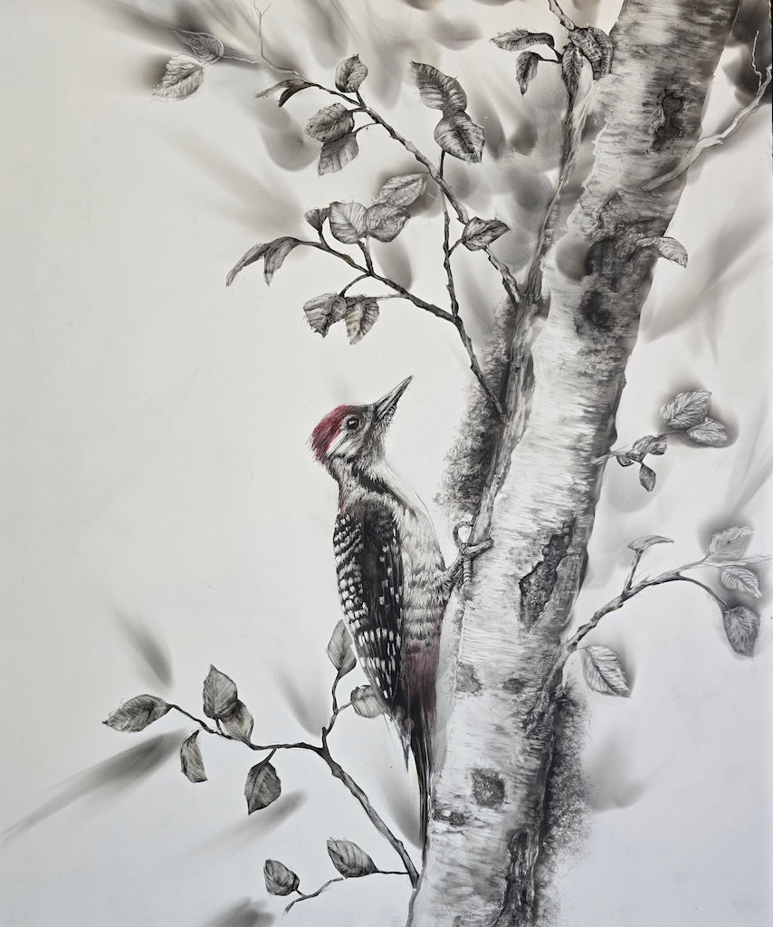 "THE QUIET DRUMMER OF BIRCH HOLLOW" ORIGINAL FUMAGE DRAWING ON CLAY BOARD/FRAMED
