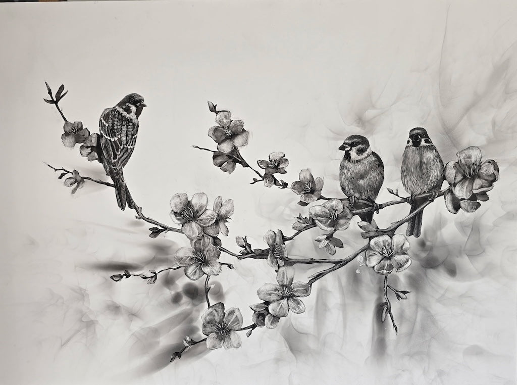 "THE SPARROWS ON CHERRY BLOSSOM" Original Fumage Drawing on Clay Board/Framed