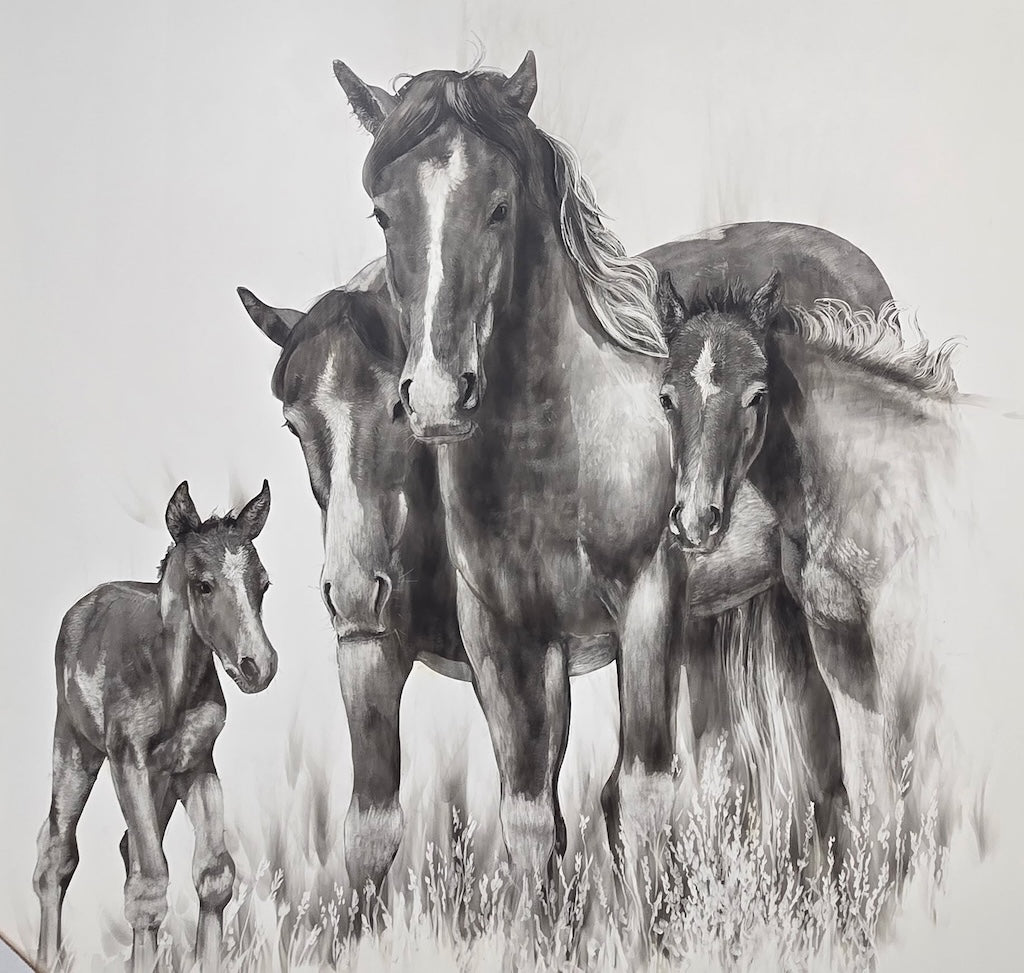 "THE WATCHFUL HERD" ORIGINAL FUMAGE DRAWING ON CLAY BOARD/FRAMED