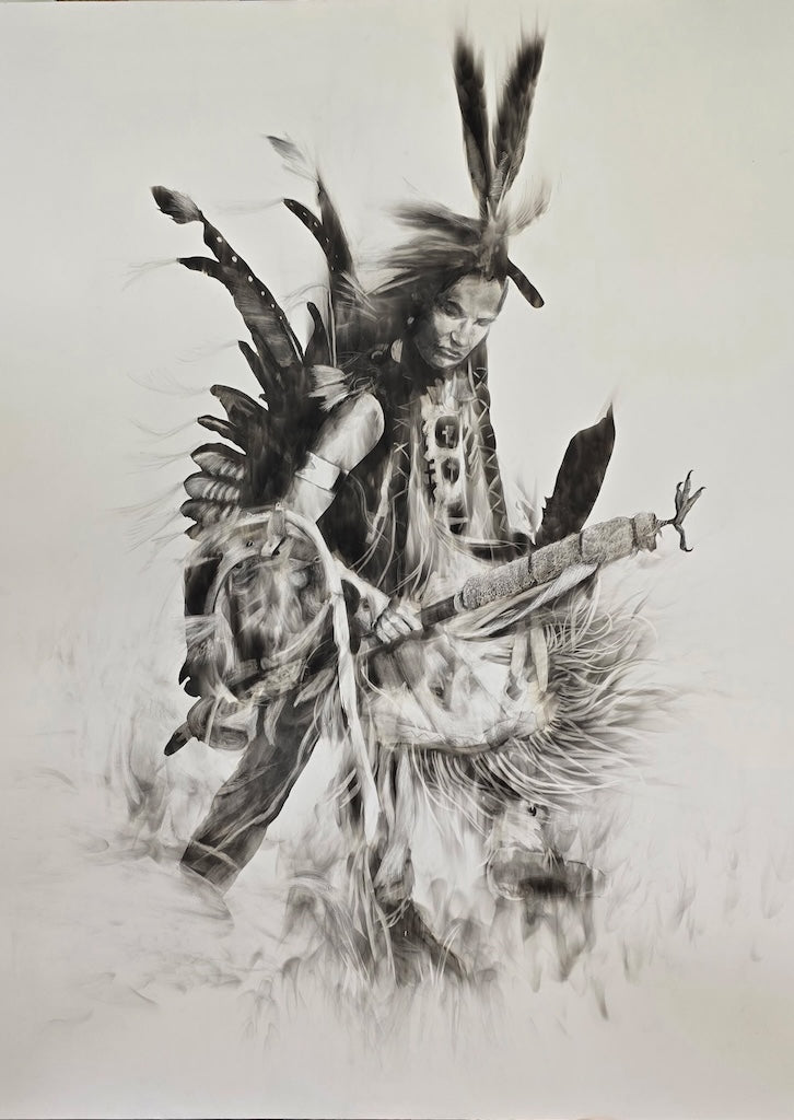 "WHISPERS OF THE ANCESTORS" ORIGINAL FUMAGE DRAWING ON CLAY BOARD/FRAMED