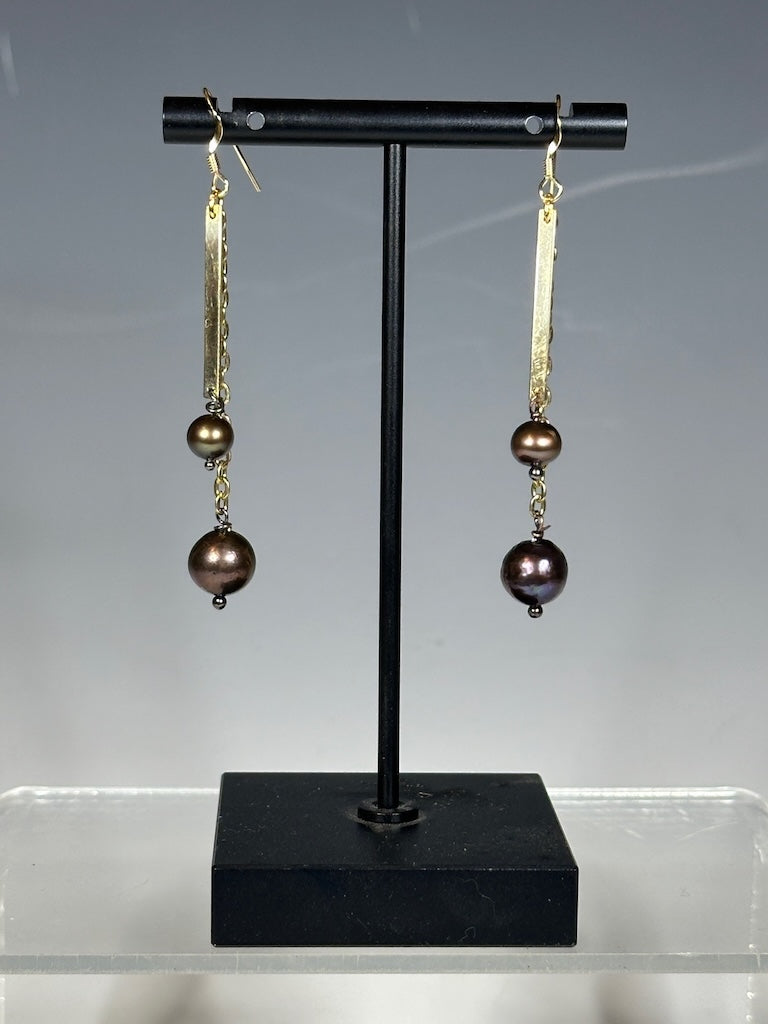 GOLD FILLED STERLING SILVER DROP EARRINGS WITH 2 PURPLE FRESHWATER PEARLS LCE1050