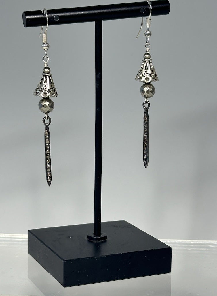 STERLING SILVER DIAMOND DROP EARRINGS WITH PYRITE AND STERLING SILVER CAP LCE1071