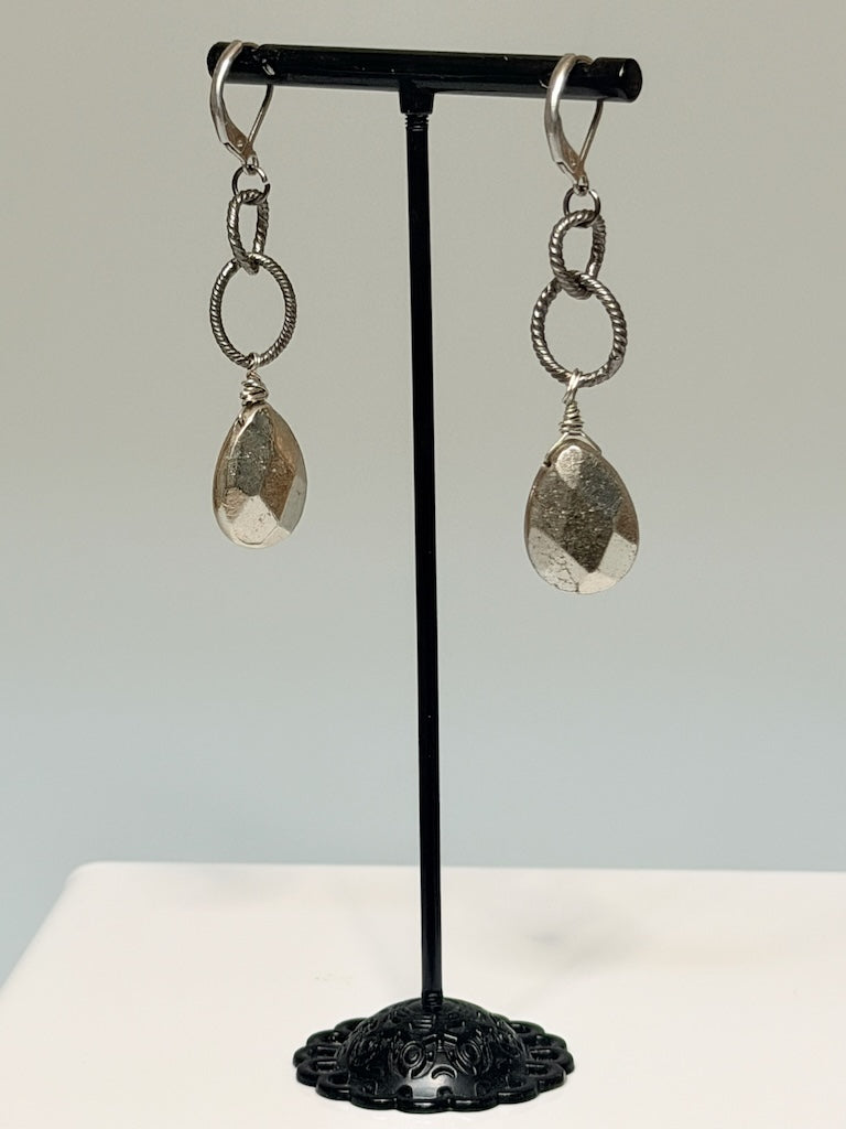 OXIDIZED STERLING SILVER AND PYRITE DROP EARRINGS WITH STAINLESS STEEL WIRES LCE3005