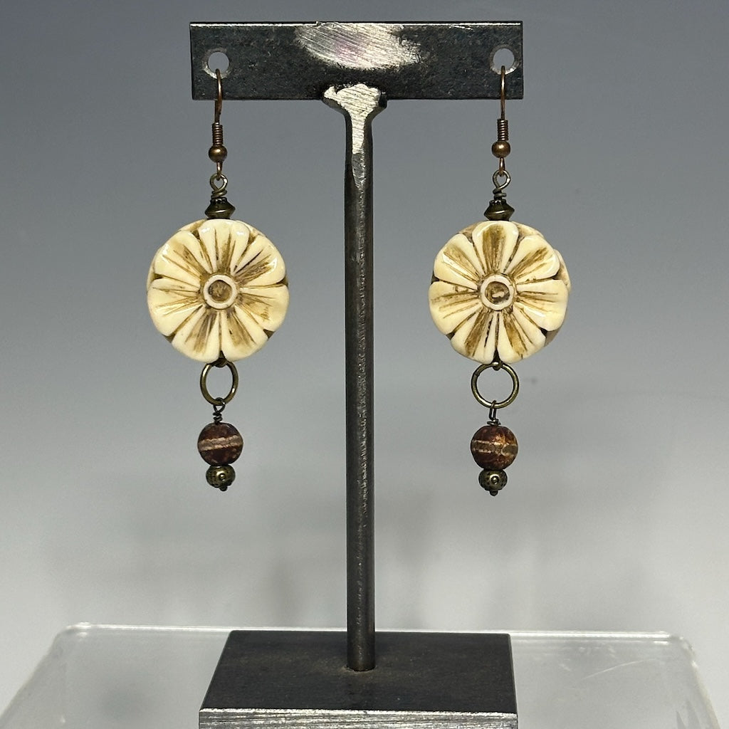 CARVED BONE FLOWER DROP EARRINGS WITH TIBETAN AGATE LCE748