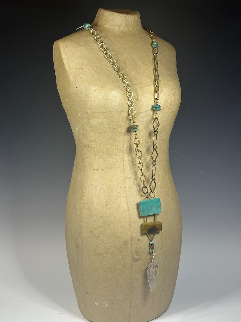 MULTI CHAIN STATEMENT NECKLACE WITH TURQUOISE AND STERLING SILVER FEATHER PENDANT LCN1015