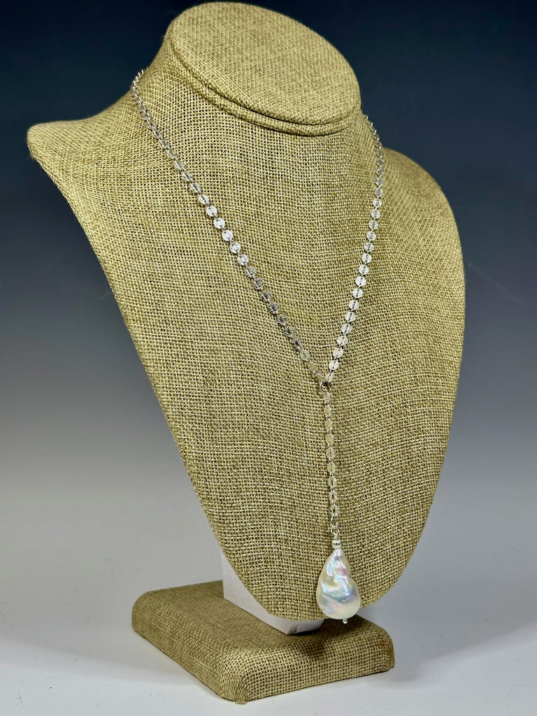 LARGE FRESHWATER PEARL PENDANT ON STERLING SILVER DISC CHAIN NECKLACE LCN1060