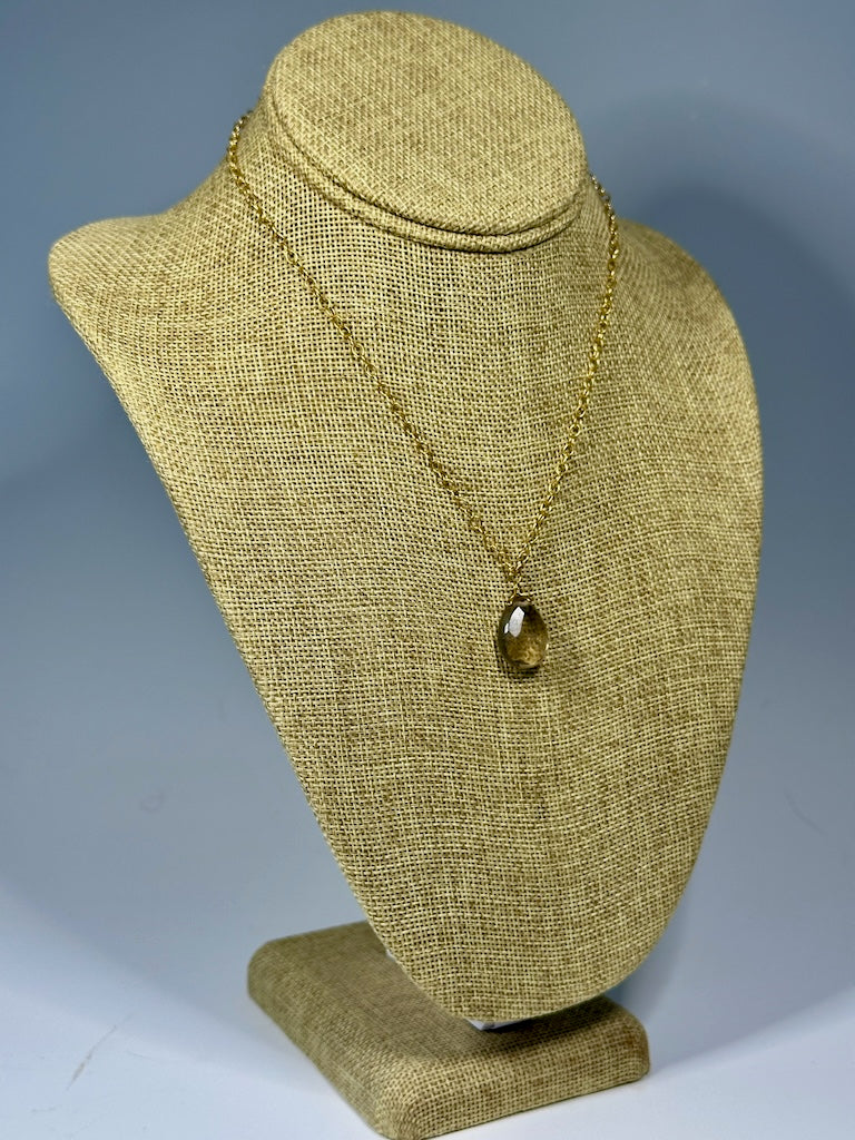 SMOKEY TOPAZ TEARDROP PENDANT NECKLACE WITH GOLD FILLED STERLING SILVER CHAIN LCN1066