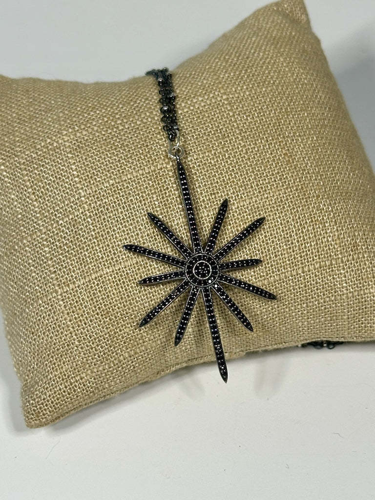 OXIDIZED STERLING SILVER AND DIAMOND STARBURST PENDANT WITH DOUBLE OXIDIZED STERLING SILVER CHAIN LCN1069