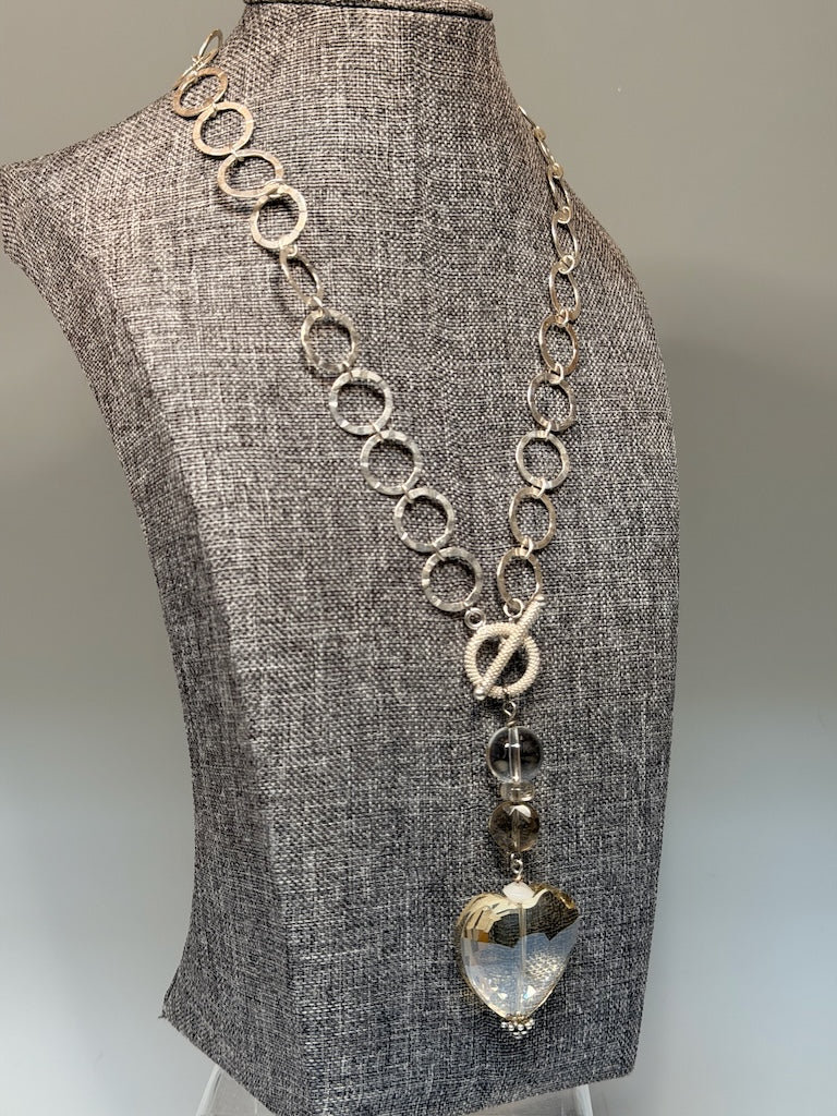 STERLING SILVER RING NECKLACE WITH CRYSTAL HEART AND STERLING SILVER FRONT TOGGLE CLOSURE LCN2025