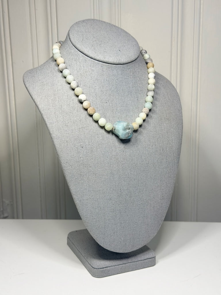 SUEDED AMAZONITE NECKLACE WITH ROUGH CUT AMAZONITE CENTER STONE LCN2080
