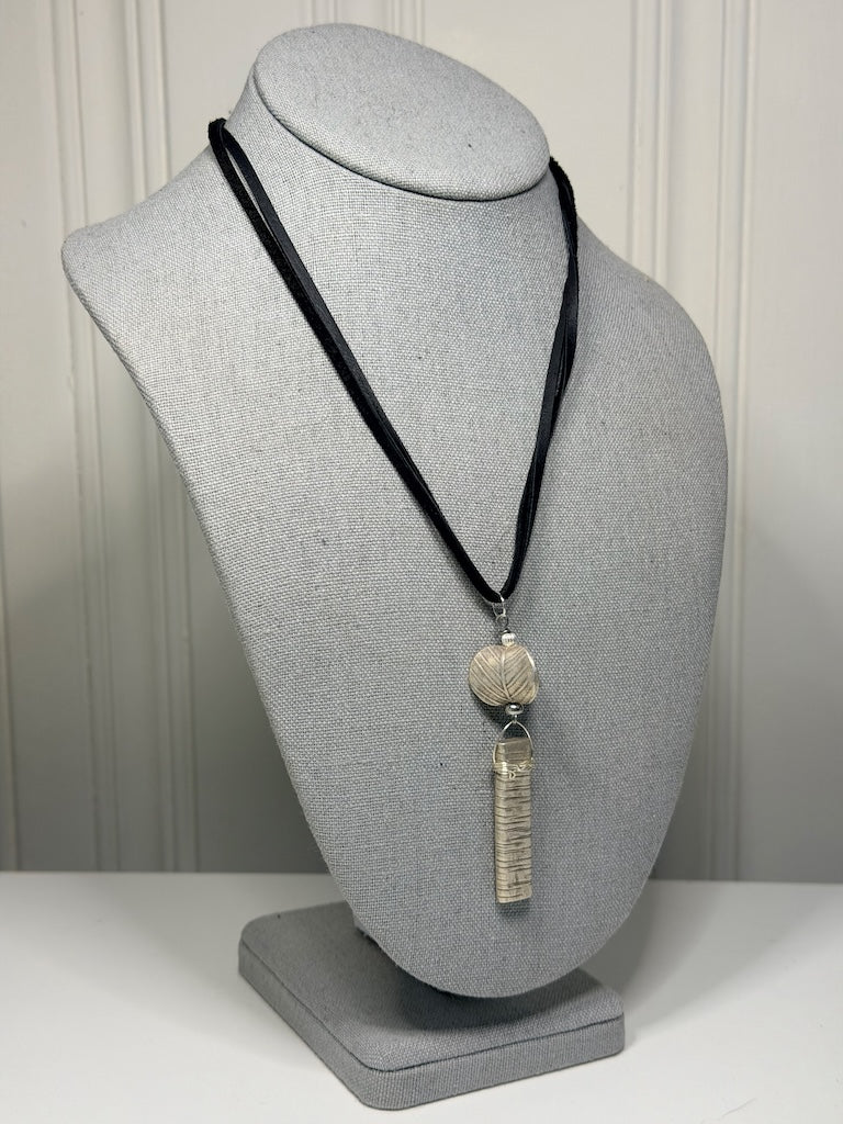 OXIDIZED STERLING SILVER LEAF AND BAR PENDANT WITH BLACK LEATHER LCN2081