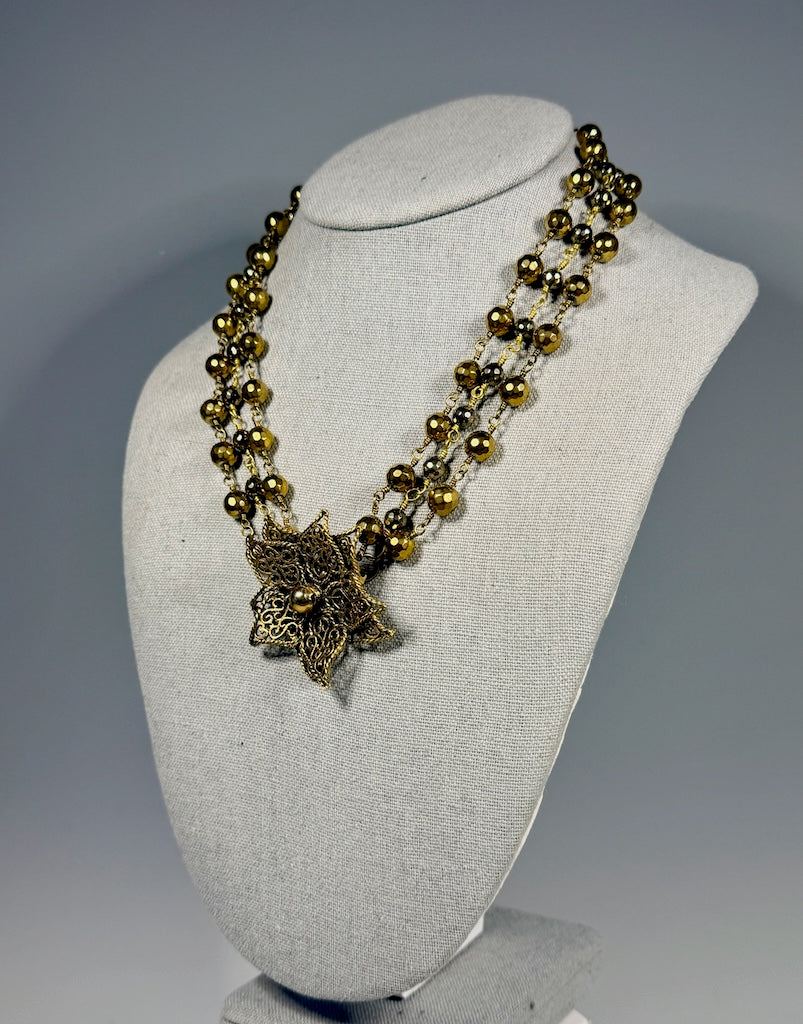 GOLD PYRITE TRIPLE CHAIN NECKLACE WITH VINTAGE BROOCH LCN2091