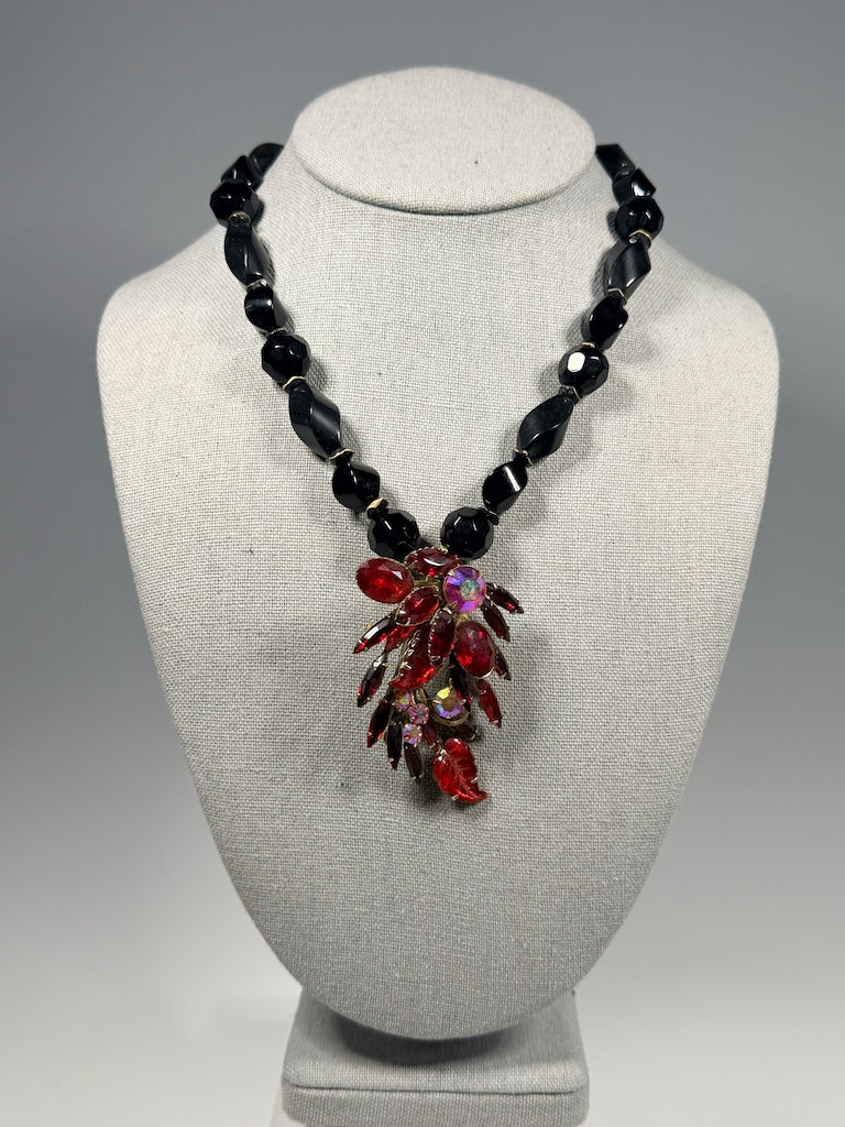 BLACK ONYX STATEMENT NECKLACE WITH VINTAGE RED CRYSTAL BROOCH LCN2092
