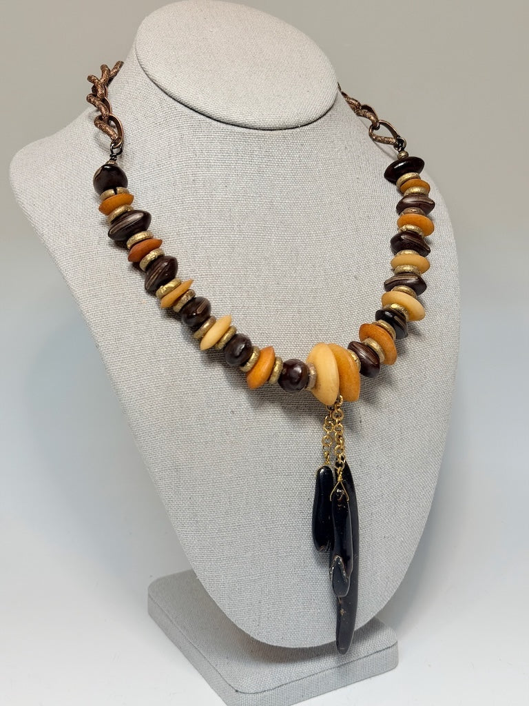 MIXED MEDIA STATEMENT NECKLACE WITH WOOD, BRASS, GLASS & BLACK CORAL LCN3000