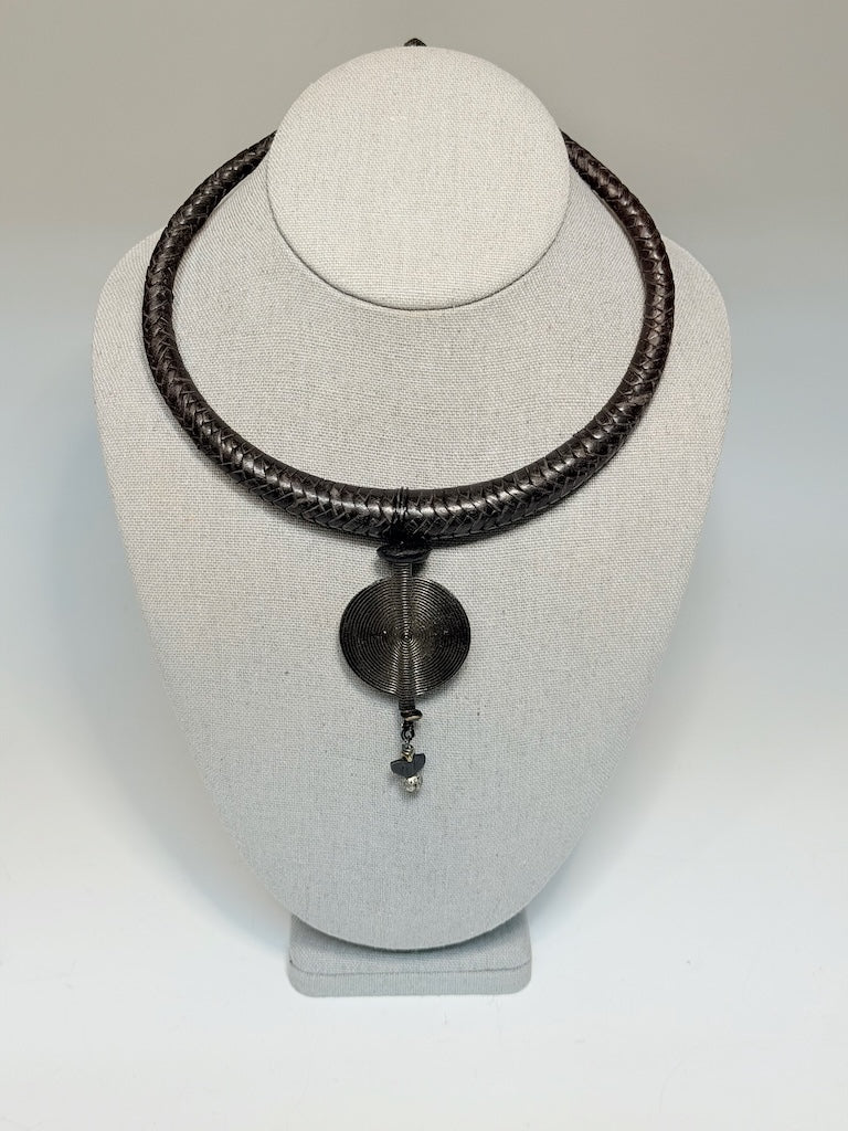 HANDMADE BLACK LEATHER NECKLACE WITH HEMATITE, BLACK GLASS & LAVA STONE LCN3002