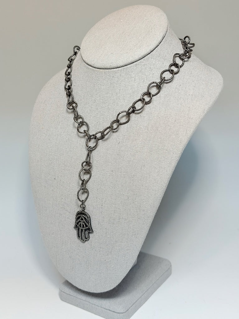OXIDIZED STERLING SILVER CHAIN WITH HANSMA HAND PENDANT WITH NATURAL DIAMONDS LCN3003
