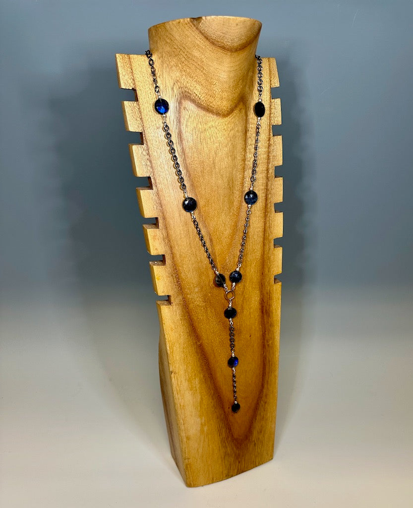 LABRADORITE AND HEMATITE CHAIN LONG STATEMENT NECKLACE LCN636