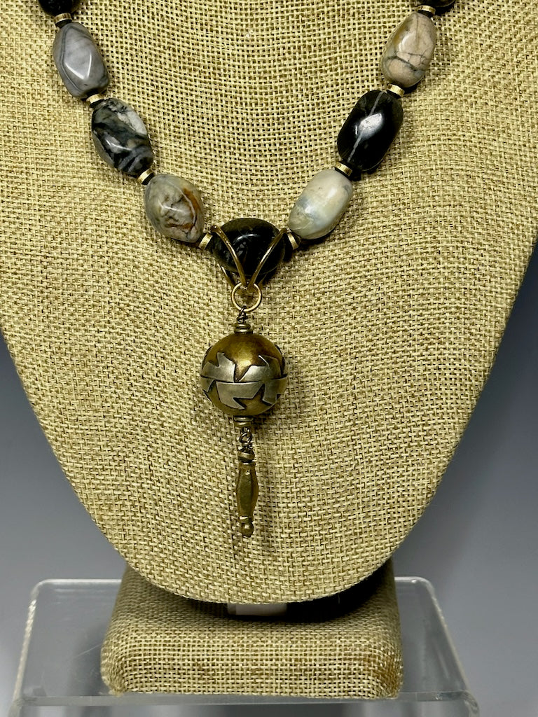 PICASSO MARBLE NECKLACE WITH AFGHAN BRASS AND STERLING SILVER PENDANT LCN658
