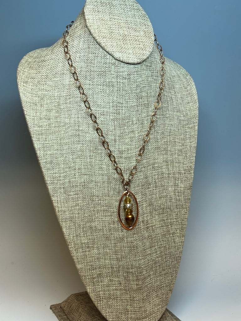 CITRINE AND FRESH ATER PEARL PENDANT NECKLACE WITH COPPER AND LEATHER LCN682