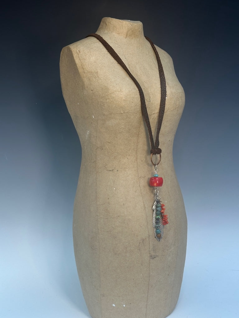 CORAL, TURQUOISE AND STERLING SILVER FEATHER AND LEATHER ADJUSTABLE NECKLACE LCN926