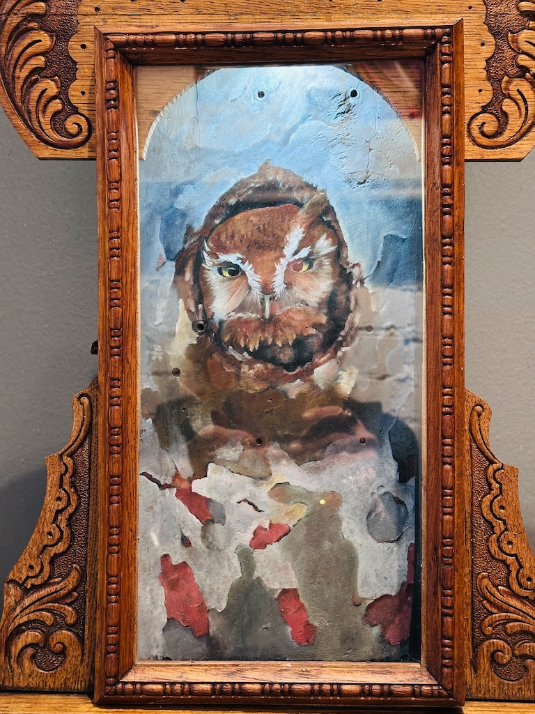 "EASTERN SCREECH OWL IN SYCAMORE" ORIGINAL PAINTING AND NIGHT LIGHT IN ANTIQUE GILBERT CLOCK CASE