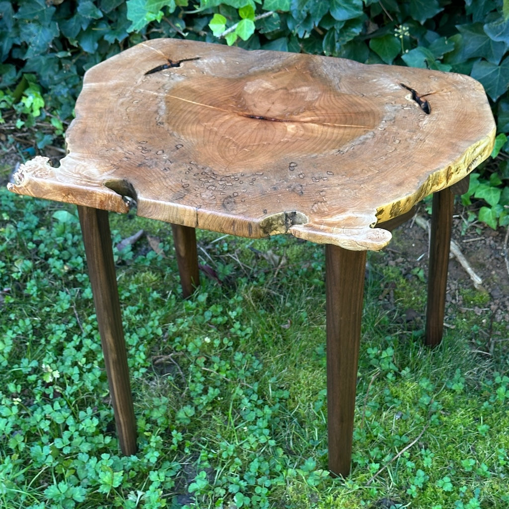 BOOKMATCHED MAPLE TABLE WITH WALNUT LEGS