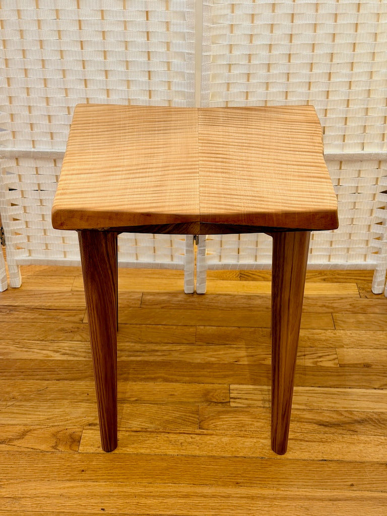 BOOKMATCHED TIGER MAPLE TABLE WITH WALNUT LEGS