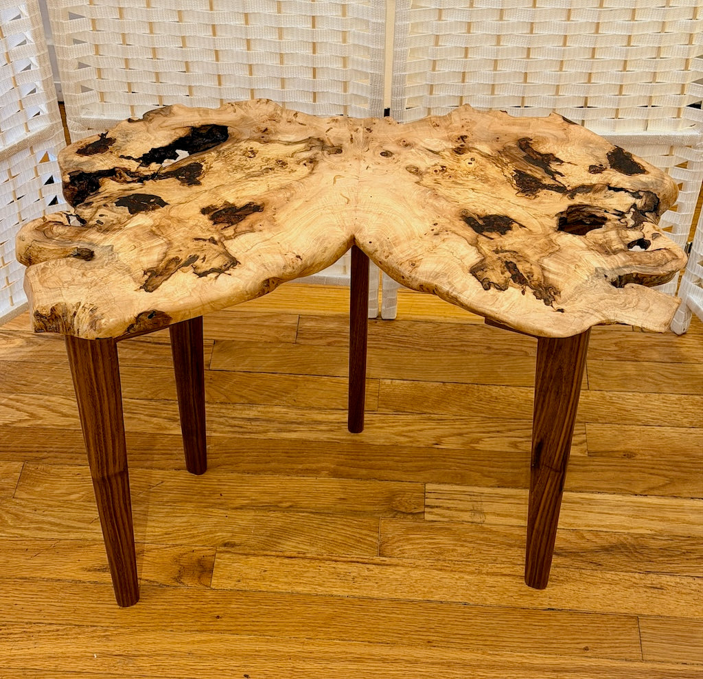 BOOKMATCHED MAPLE BURL WING TABLE WITH WALNUT LEGS
