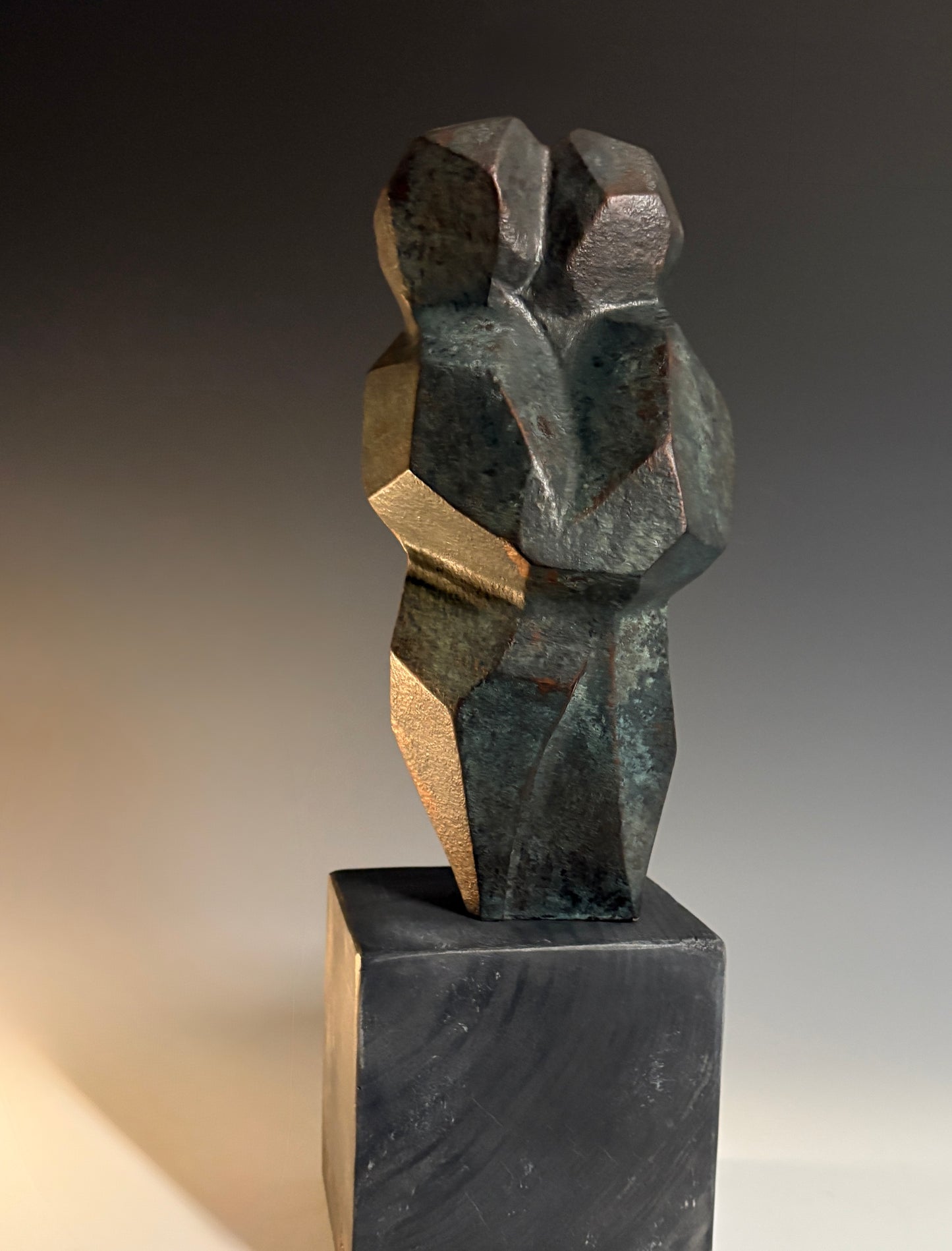 "LOVERS (SOULMATES XI)" HAND CARVED WHITE PINE WITH OXIDIZED BRONZE COATING SCULPTURE