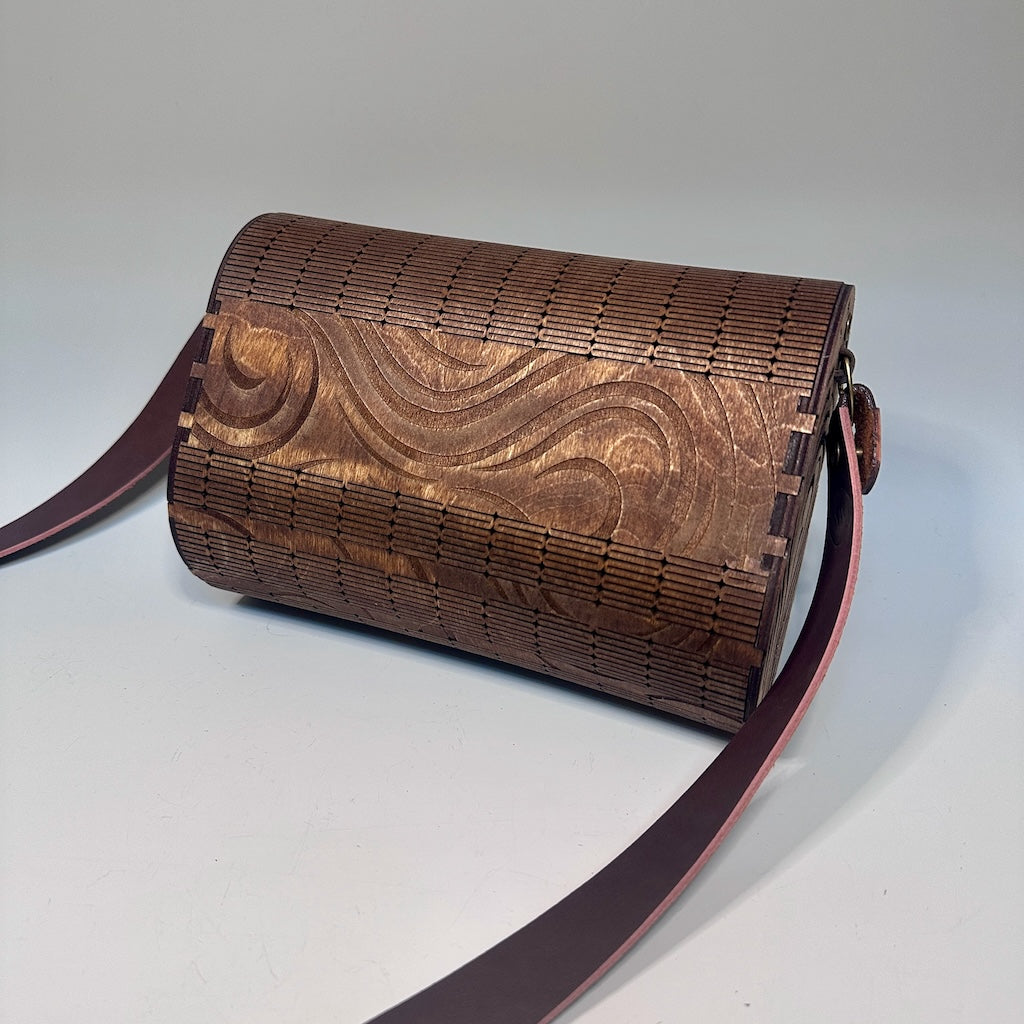 CUSTOM BUILT WOODEN PURSE WITH BROWN LEATHER SINGLE STRAP WITH GOLD D RING MN114P