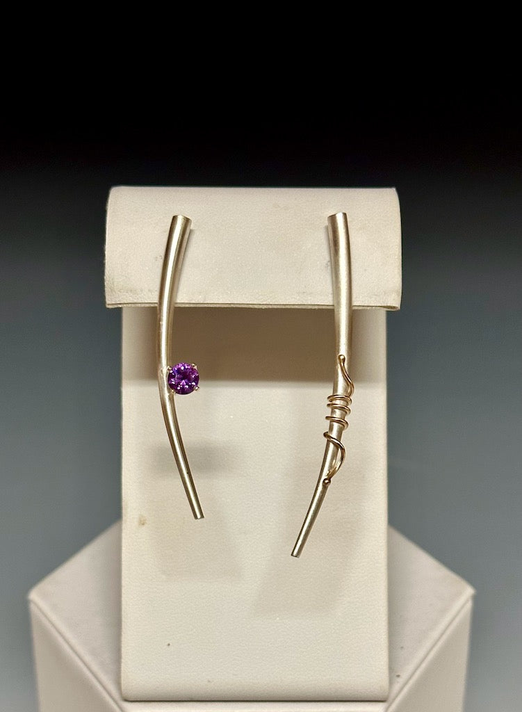 Asymmetrical Sterling Silver Tube Earrings with Amethyst and 14k wrap MB174E