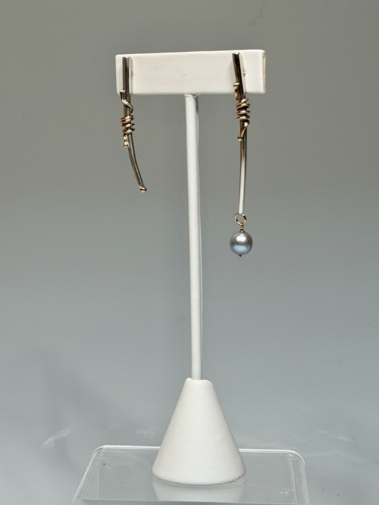 ASYMMETRICAL STERLING SILVER WITH 14K GOLD WRAP AND BLUE PEARL EARRINGS MB194