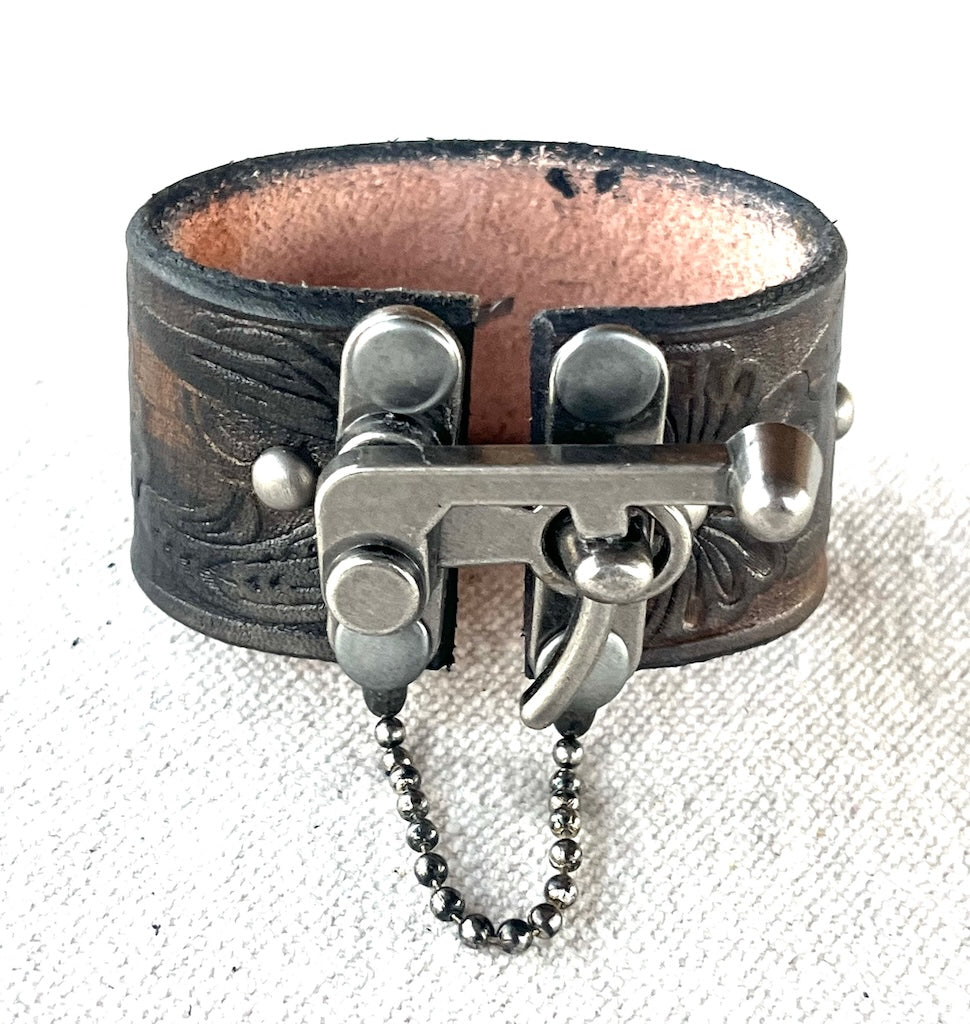 OLIVE LEATHER BADASS CUFF WITH ANTIQUE NICKEL SWING CLASP MMBC1