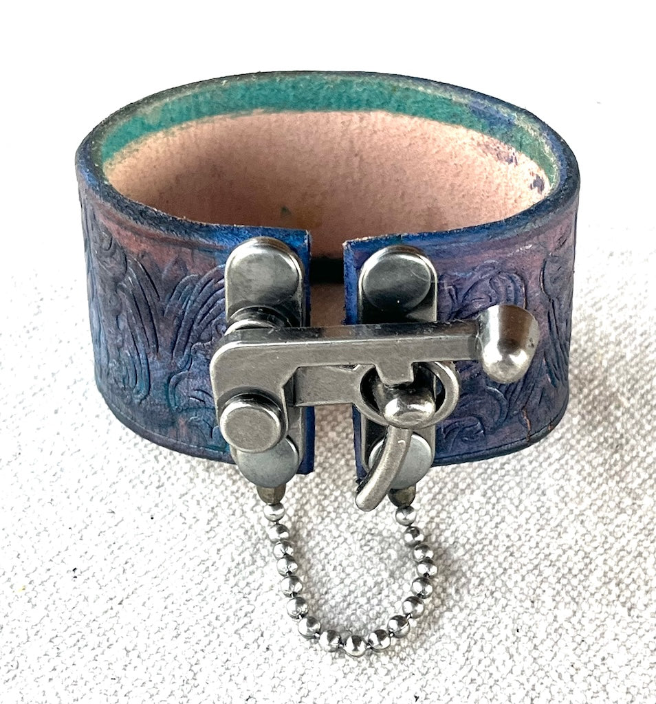 BLUE LEATHER BADASS CUFF WITH ANTIQUE NICKEL SWING CLASP MMBC5