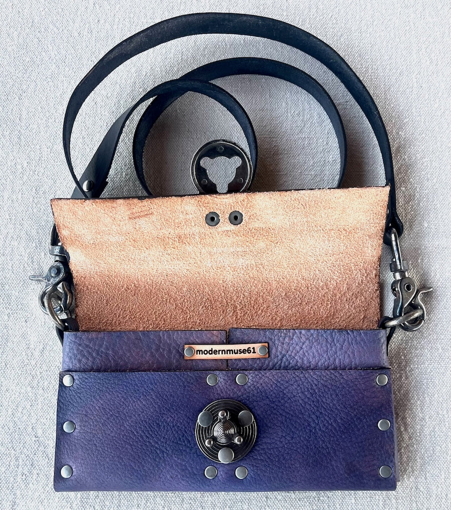 PURPLE LEATHER RENEGADE PURSE WITH ANTIQUE NICKEL PADLOCK CLASP MMRP2