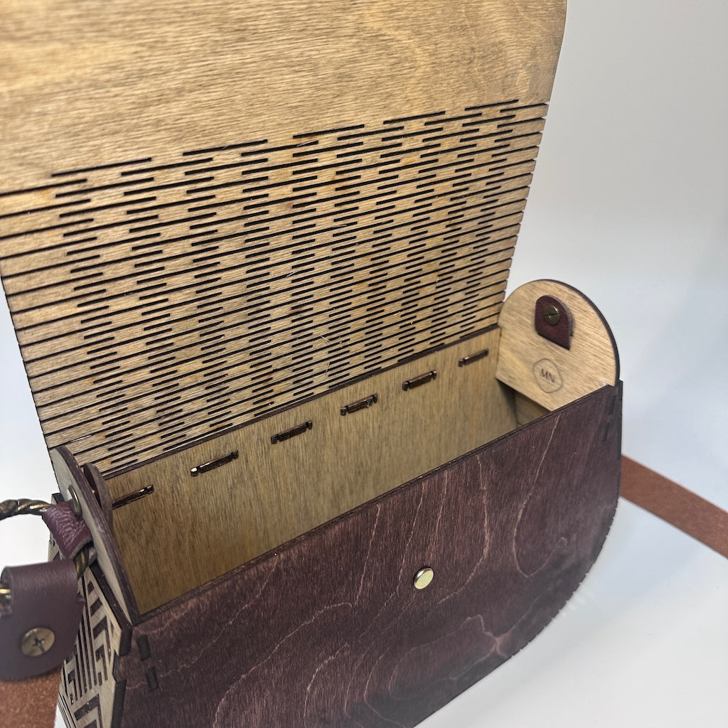 CUSTOM BUILT WOODEN PURSE WITH BROWN LEATHER DOUBLE STRAP WITH BRAIDED BRONZE RINGS MN113P