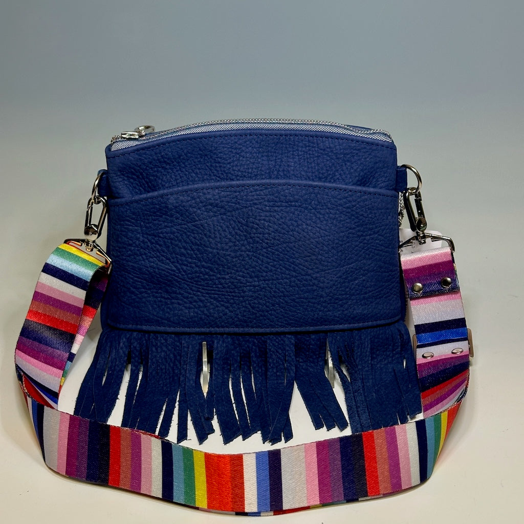 BOHO FRINGE CROSSBODY, BLUE PEBBLED LEATHER NH104