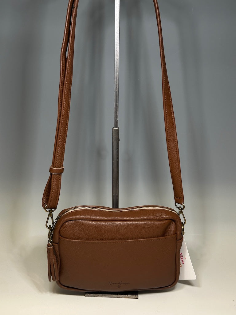 BOHO LEATHER CROSSBODY BAG WITH FRINGE, BROWN NH105