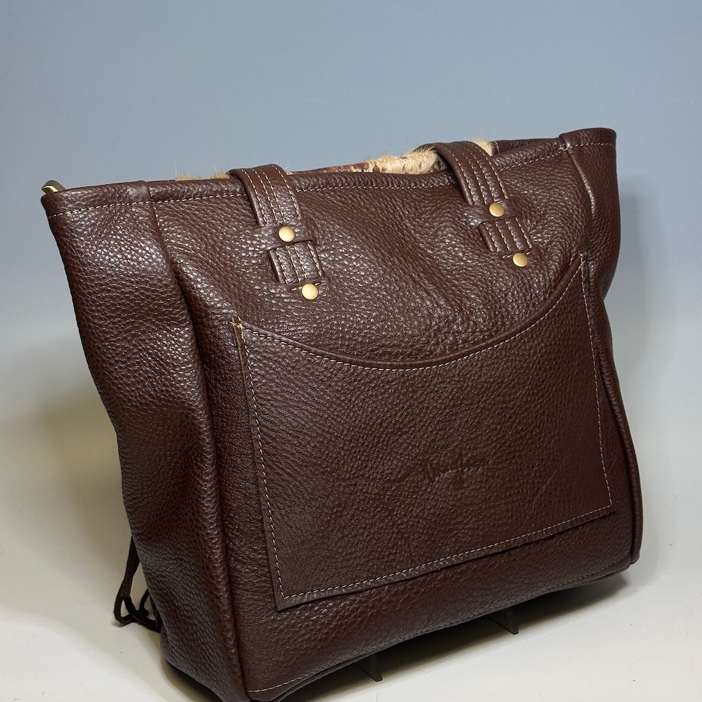 BOHO TOTE WITH LEATHER HIDE AND FRINGE DETAIL, BROWN NH114